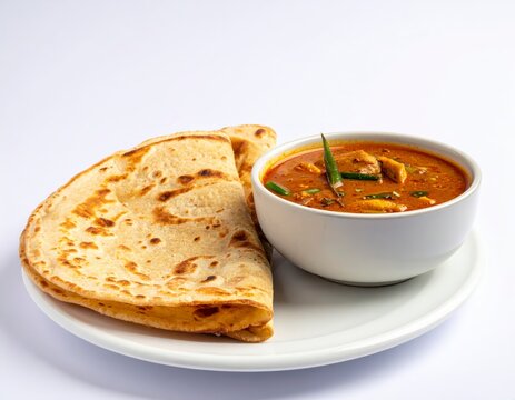 Traditional South Indian parotta served with spicy chicken gravy in a white ceramic bowl