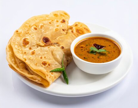 Traditional South Indian parotta served with spicy chicken gravy in a white ceramic bowl