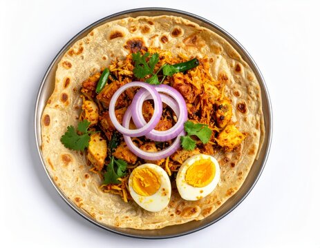 Traditional street food chicken kothu parotta served on a round plate over white background