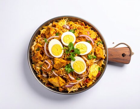 Traditional street food chicken kothu parotta served on a round plate over white background