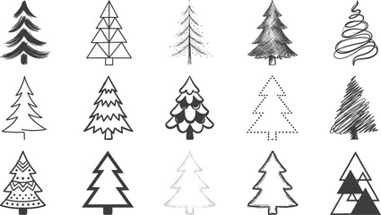 Obraz premium Set of fifteen creative hand drawn Christmas tree icons on a white background design element