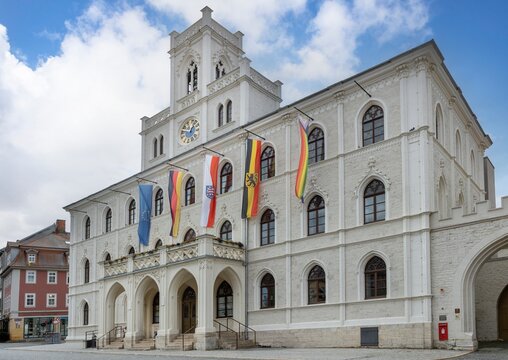 The town of Weimar at Thuringen former German Democratic Republic. Townhall at market square