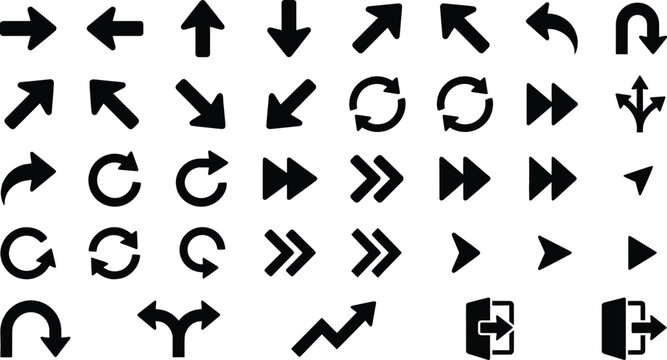 Collection of black arrow icons showing various directions and movements on a white background