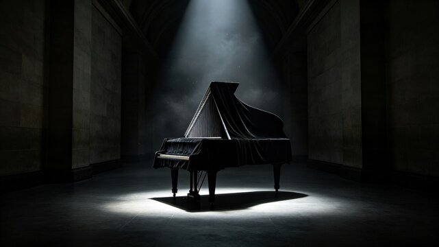 A museum gallery with a single harpsichord covered in velvet under a dramatic spotlight.