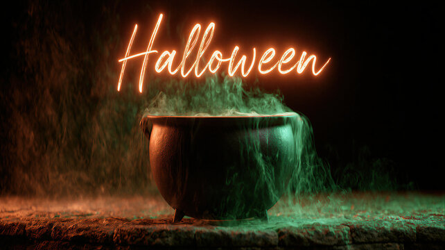 Halloween neon text above bubbling witch cauldron in dark room. Green magical mist and potion steam rising from pot. Spooky celebration concept for October festive greeting background.