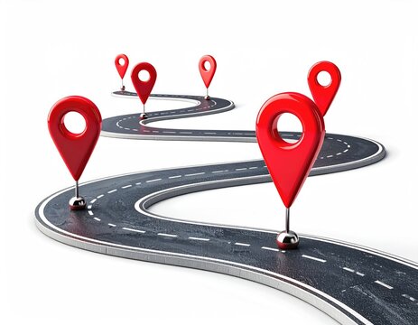 Winding road with red location pins on white background