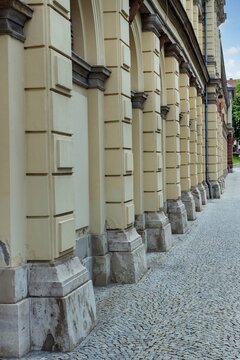The town of Weimar at Thuringen former German Democratic Republic. Facade owith columns of a historic building.