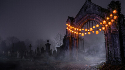 Fototapeta premium Old cemetery stone gate decorated with glowing orange lanterns at night. Foggy graveyard entrance for Halloween party celebration. Spooky and mystical atmosphere of dark gothic holiday.