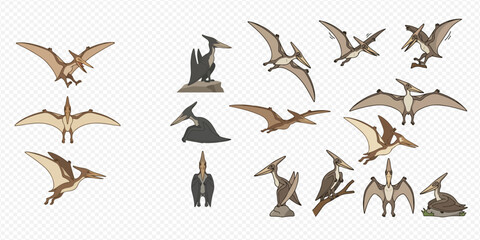 Set of Pterodactyls in Various Poses, Flying, Standing, and Perched, Prehistoric Flying Reptiles Collection. © Akun