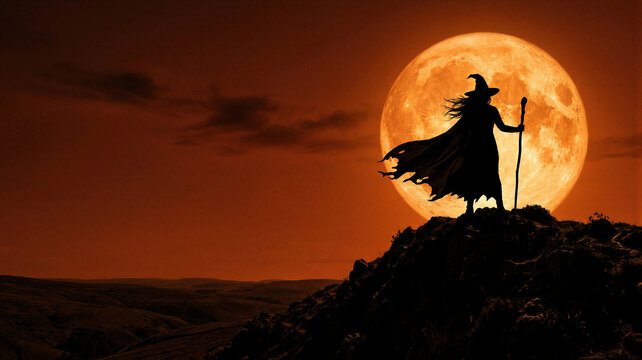 Woman witch standing on hilltop against large full moon silhouette. Fantasy character with staff and cloak in dark night landscape. Magical scene for Halloween celebration atmosphere.