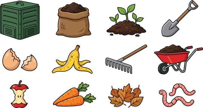 Composting and Organic Waste Recycling Vector Set Featuring Compost Bin Shovel Wheelbarrow Earthworms Sprouted Soil and Food Scraps for Eco Friendly Gardening Designs