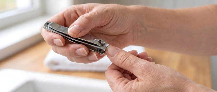 Close-up of hands trimming fingernails with a metal nail clipper for hygiene.