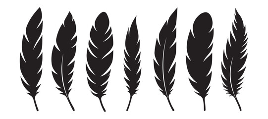 Set of Bird Feather. Pen icon. Black quill feather silhouette vector collection isolated on white background © Silhouette Zone