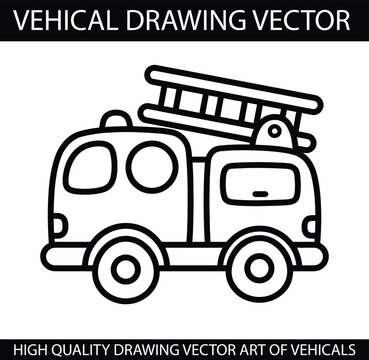 Fire Engine Vector Line Art Illustration Isolated on White Background