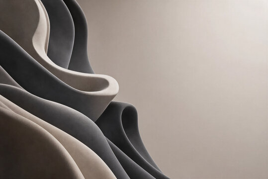 Minimalist abstract wavy background, elegant fluid curves in neutral beige and charcoal grey, soft organic shapes with smooth matte texture