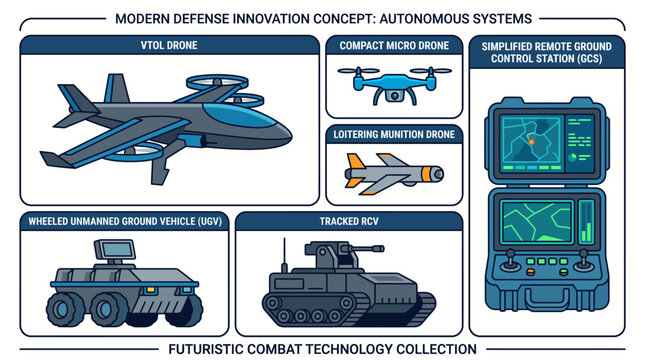 Modern Defense Innovation Concept Autonomous Systems and Futuristic Military Combat Technology Vector Collection