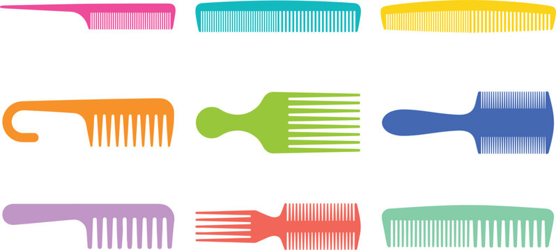 Colorful Hair Comb Vector Set with Various Plastic Styling Tools and Afro Picks for Barbershop and Hair Salon Graphic Designs