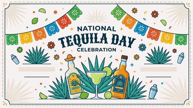 National Tequila Day Background Template with Agave, Lime and Glass, Festive Holiday Banner, Poster, Card and Vector Design