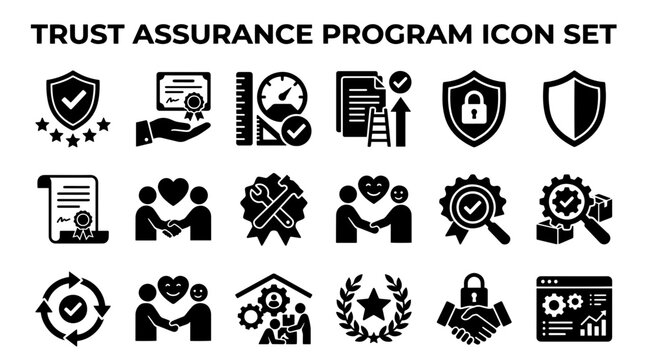 Trust assurance program icon set. Business quality and security vector symbols collection.