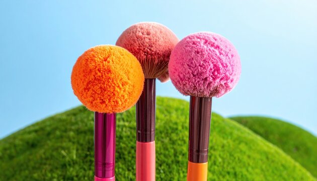 Three fluffy makeup brushes in vibrant colors against a green, hilly background