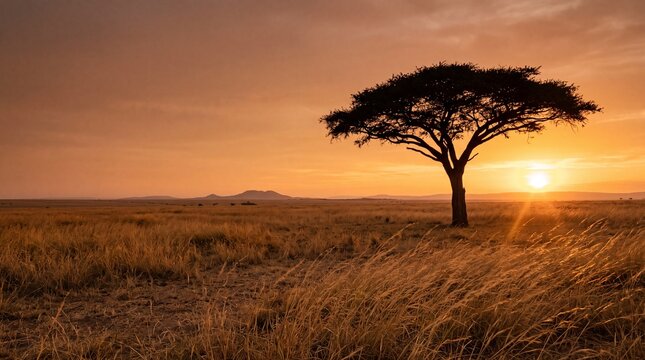 Lone acacia tree silhouette on golden savanna grassland at orange sunset with sun low over horizon evoking wild African landscape and safari travel mood.