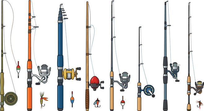 Fishing Rod and Reel Equipment Vector Set Featuring Various Styles Including Spinning Casting Fly Fishing and Telescopic Rods with Baits and Bobbers for Outdoor Sport Designs