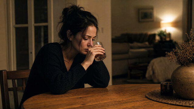 Sad woman sitting alone at table at night, drinking alcohol from glass. Conceptual use for depression, loneliness, mental health awareness, addiction, emotional distress.