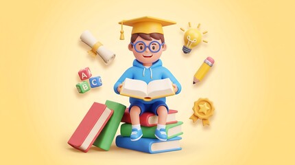 Naklejka premium Cute 3d boy wearing a graduation cap sitting on colorful books while reading an open book