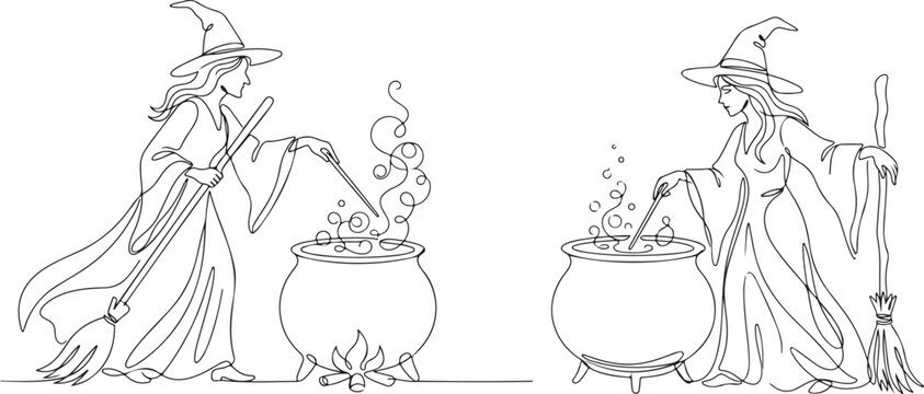 Halloween witches brewing potions line art for spooky celebrations and magical halloween designs