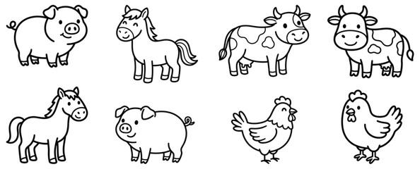 Fototapeta premium Farm animal collection cute line art icons for children's illustration