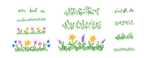 Obraz premium Set of crayon childish drawing of green grass with colorful funky flowers. Kid pencil cute line doodle meadow vector illustration. Paint brush, chalk, pastel grass borders, dividers, boarders sketch