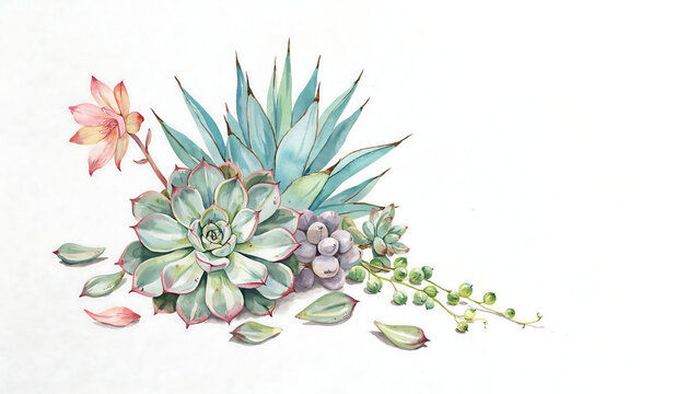 Watercolor of green succulents and pink flowers isolated on a transparent background