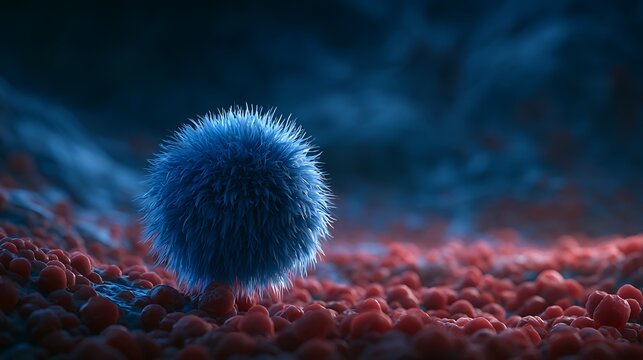 Microscopic enlargement of blue virus among red Blood cells in Artery - floating cells in body -covid, influenza, sars, corona, hiv, mers, cholera, variola, measles - disease organisms