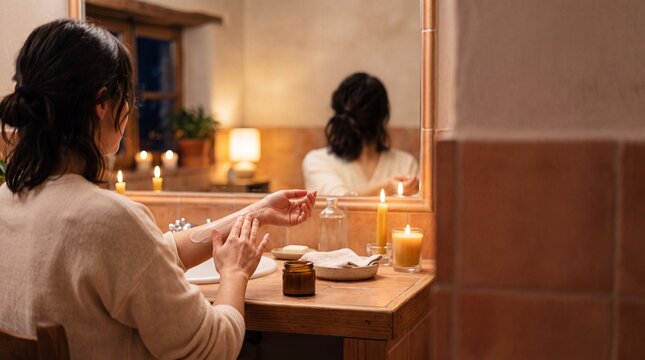 Young woman applying moisturizing cream on hand at wooden vanity table with mirror and burning candles, cozy evening self care beauty ritual at home.