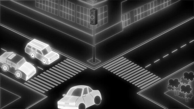 Isometric neon city intersection at night with crosswalks animation
