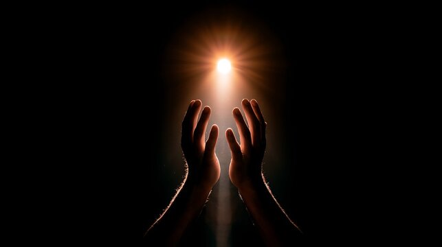 Hand prayer god faith holy worship on hope religion background of believe religious grace black white concept or love spiritual and spirit trust blessed light.