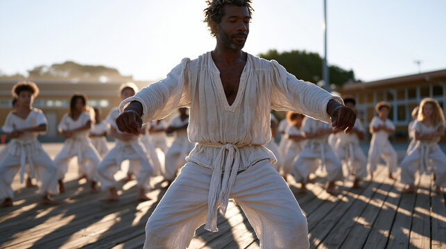 Brazilian capoeira instructor leading youth class in ginga footwork drill on outdoor wooden deck, students in traditional abada uniforms, early morning mist at community sports