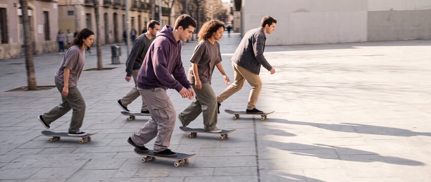Group of young skaters in casual streetwear riding skateboards across sunny city square with long shadows, urban youth culture and active street lifestyle.