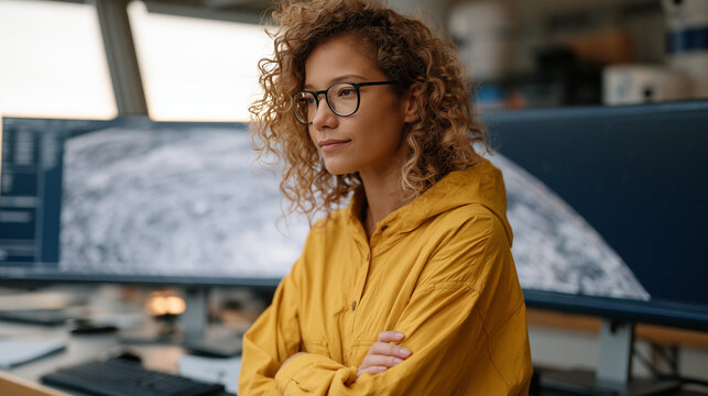 Astrophysicist at standing desk reviewing star map projections on large curved monitor in darkened university research lab, space science and academic career in modern observatory