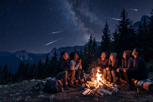 Friends sitting around glowing campfire on mountain ridge under starry night sky with falling meteors, summer stargazing adventure and camping together.