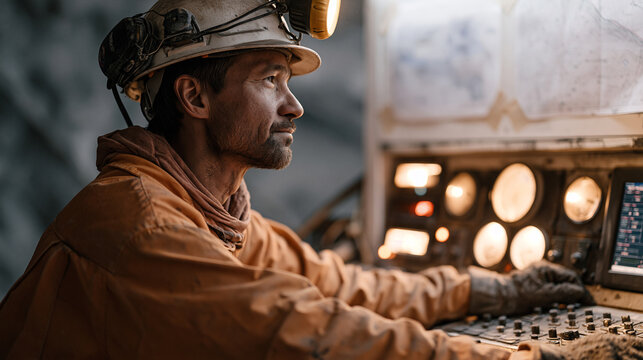 Tunnel boring machine operator monitoring instrument panel inside active excavation heading, helmeted and dust-masked, gauges and readout screens illuminated, geological survey