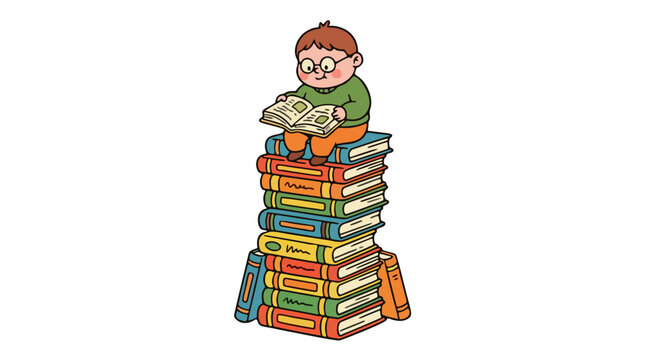Cute cartoon boy sitting on top of a tall stack of colorful books reading vector illustration
