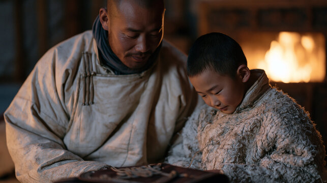 Mongolian father in traditional felt ger teaching small son to tie decorative knot on ceremonial saddle bag warm orange firelight both heads bent close over the detailed handwork