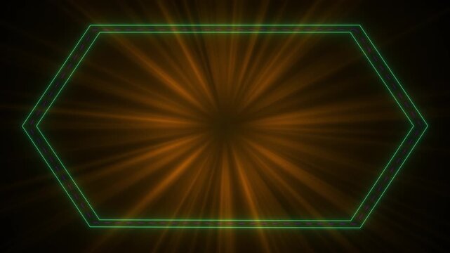 Neon hexagon light burst background glowing pink geometric frame warm radial beams dark space. music event intros, retro promos, gaming screens, digital titles, logo reveals, motion graphic overlays.
