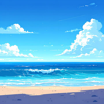 Pixel art seascape with a sandy beach, gentle waves, and a clear blue sky with fluffy clouds, summer vacation vibe