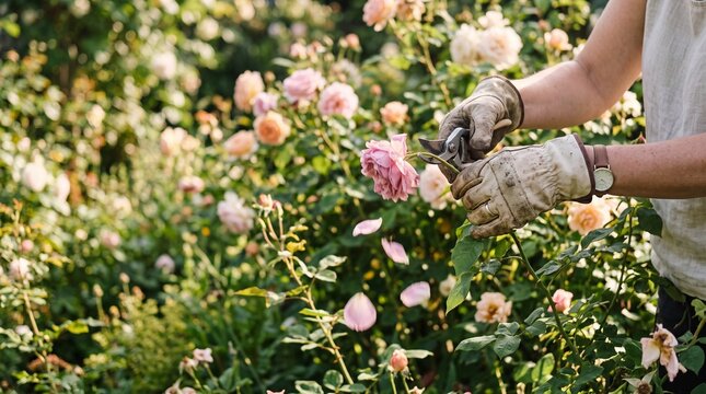Gardener in gloves pruning delicate pink rose with garden shears among blooming rose bushes in soft summer light, care of flowers and gardening hobby concept.