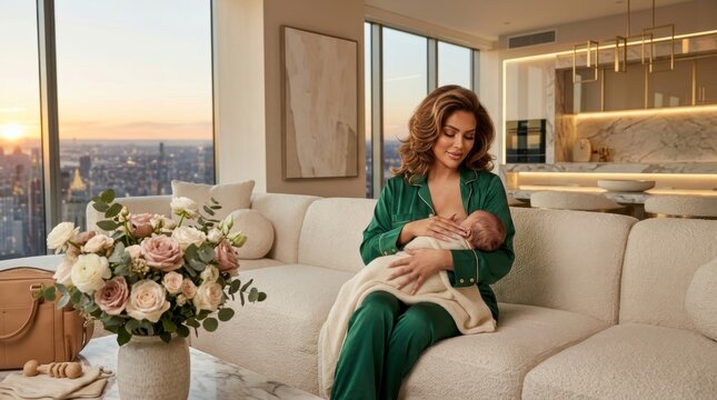 Mother breastfeeding newborn baby in luxury apartment skyline view, World Breastfeeding Week celebration for maternity lifestyle, serene parenting indoors at sunset