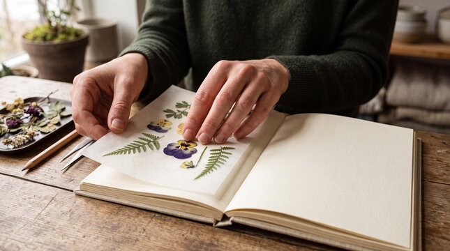 Hands placing pressed fern leaf and purple pansy flowers into open herbarium album on rustic wooden table, botanical craft hobby and nature study project.