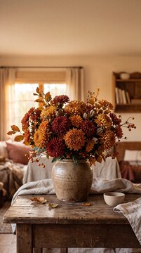 Autumn bouquet of orange and red chrysanthemums in rustic ceramic vase on weathered wooden table in cozy living room with warm window light and fall decor.