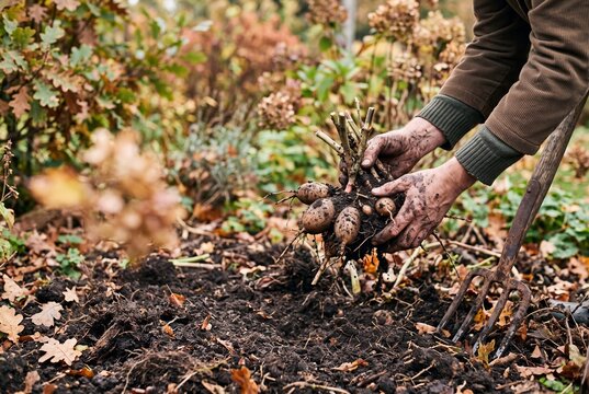 Soil covered hands lifting dahlia tubers with garden fork among fallen oak leaves in autumn garden, seasonal digging and flower bulb storage concept.